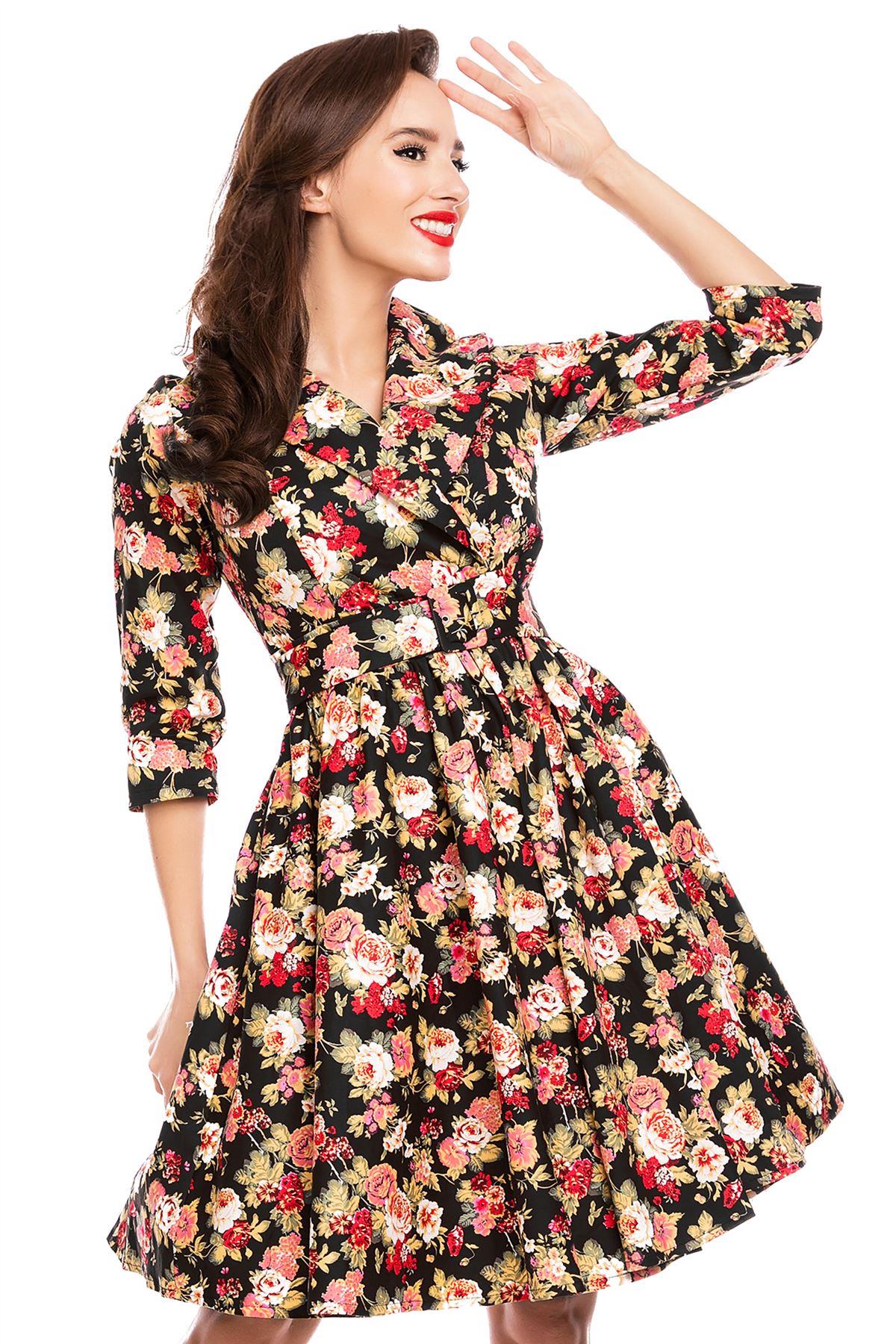 Long Sleeve 50's Vintage Dress in Black-Pink Floral