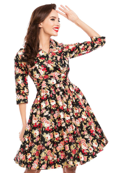 Long Sleeve 50's Vintage Dress in Black-Pink Floral