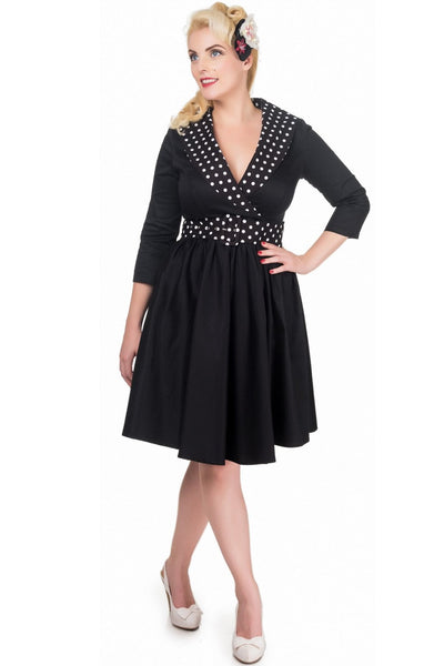 Long Sleeve 50's Vintage Dress in Black Polka