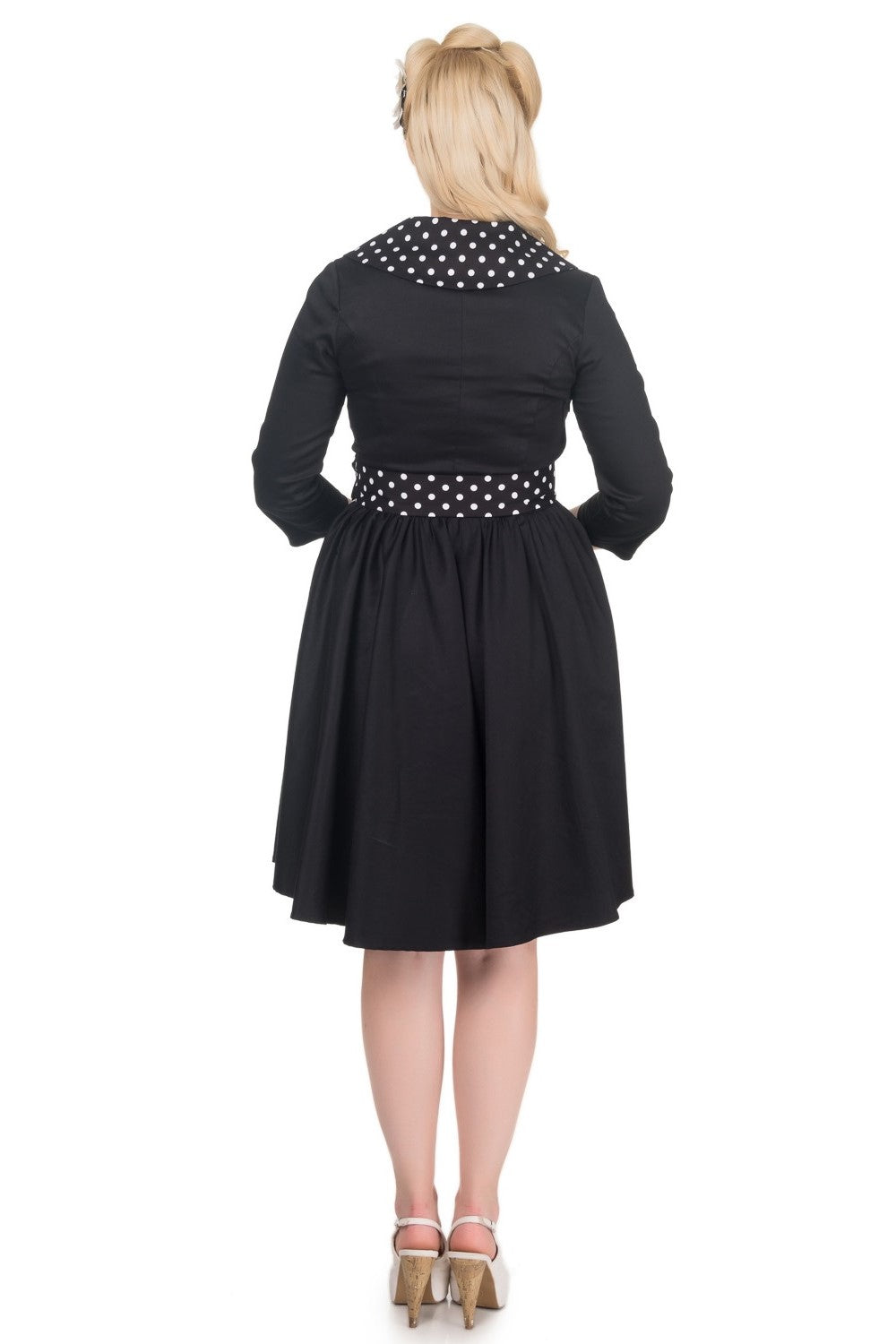 Long Sleeve 50's Vintage Dress in Black Polka