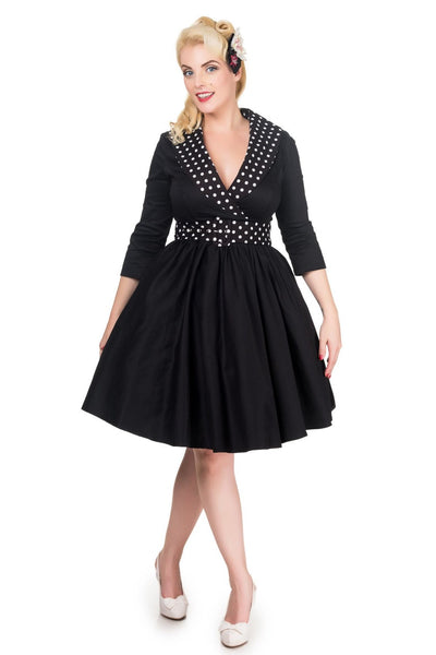 Long Sleeve 50's Vintage Dress in Black Polka