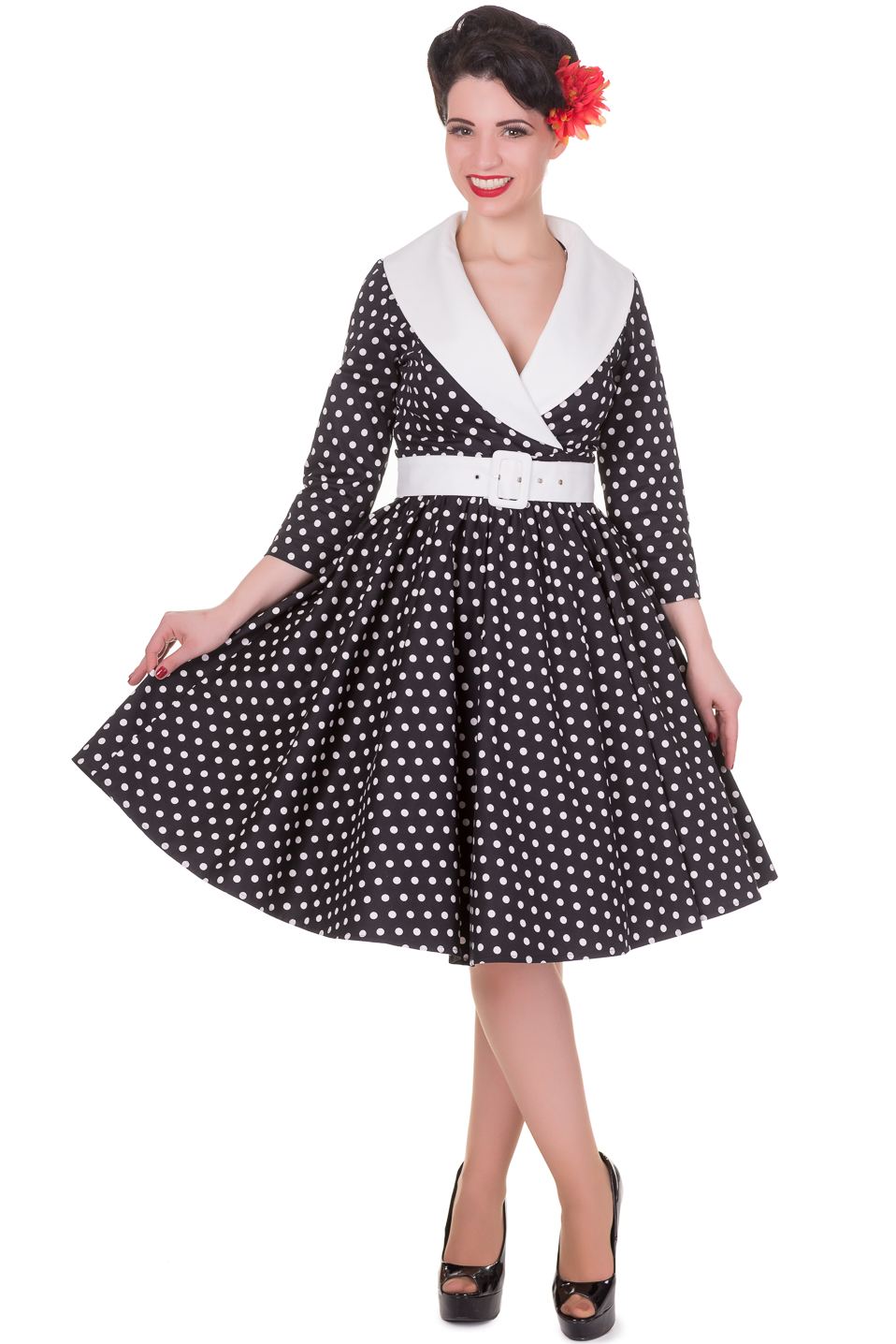  Long Sleeve 50's Vintage Dress in Black Polka-White