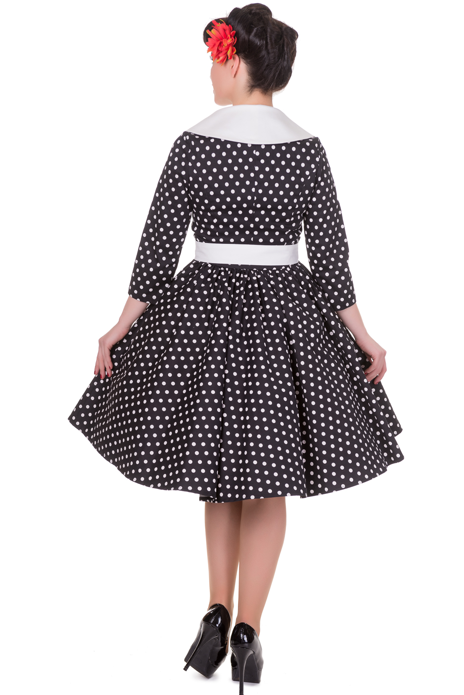  Long Sleeve 50's Vintage Dress in Black Polka-White