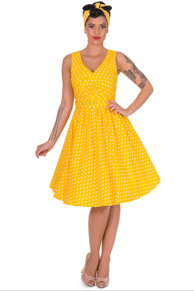 May Crossover Bust Yellow Polka Dot Swing Dress