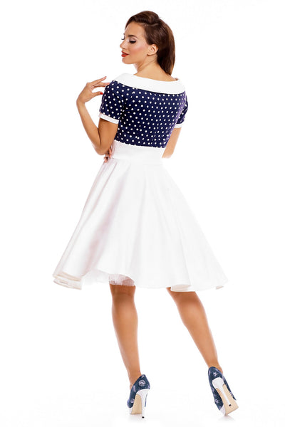 Nautical Full Circle Swing Dress in White and Navy White Dots