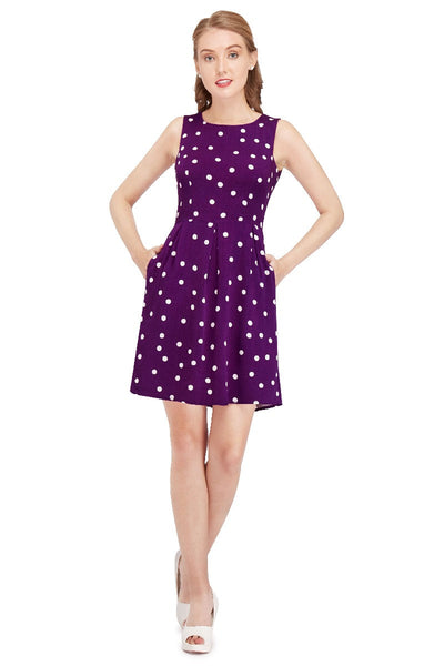 Joan Vintage Polka Dot Dress in Purple-Cream