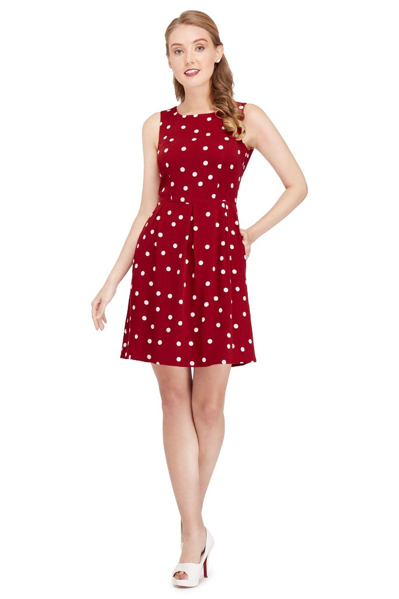 Joan Vintage Polka Dot Dress in Burgundy- Cream