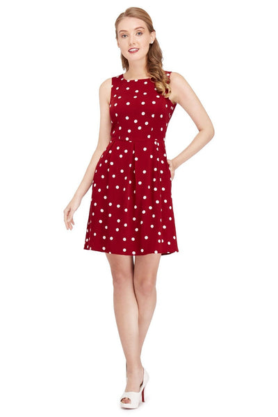 Joan Vintage Polka Dot Dress in Burgundy- Cream