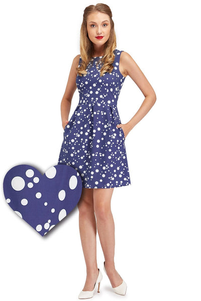 Polka Dot Printed Dress in Grey and White dots with Pockets
