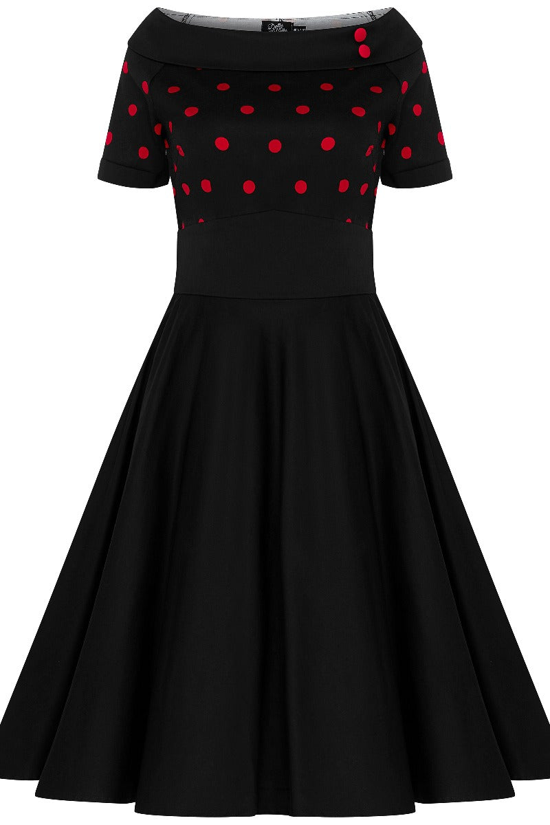 Darlene Rockabilly Polka Dot Swing Dress In Black-Red Top and Black Skirt