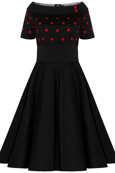 Darlene Rockabilly Polka Dot Swing Dress In Black-Red Top and Black Skirt