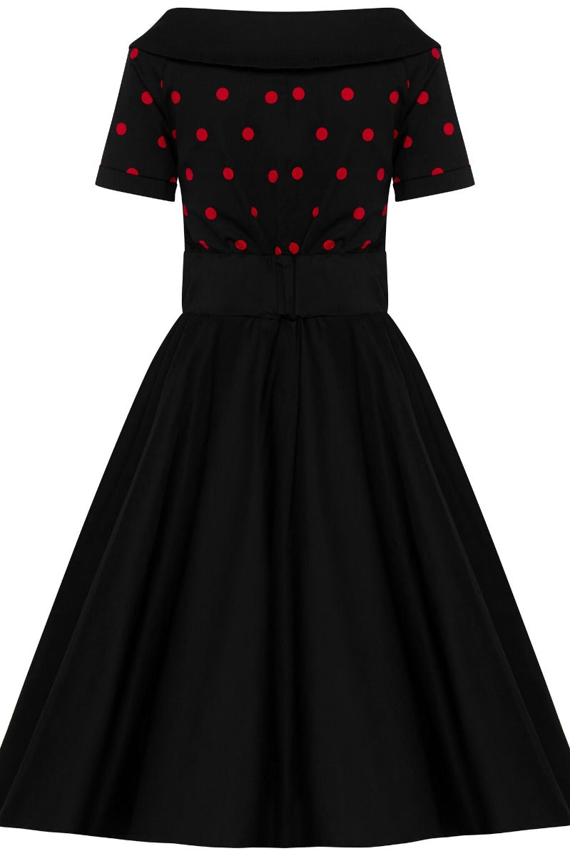 Darlene Rockabilly Polka Dot Swing Dress In Black-Red Top and Black Skirt