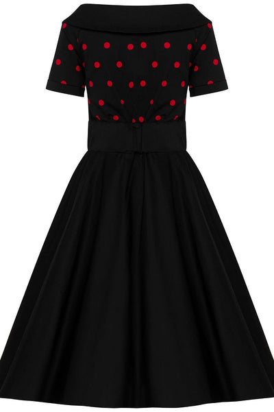 Darlene Rockabilly Polka Dot Swing Dress In Black-Red Top and Black Skirt