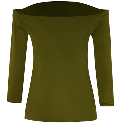 Off Shoulder Retro Stretchy Top - Dark Olive Green