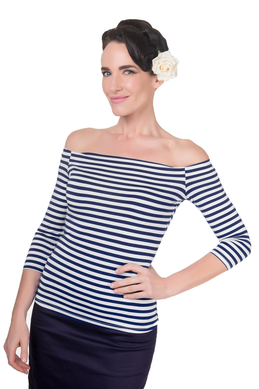Off Shoulder Retro Striped Top in Navy Blue