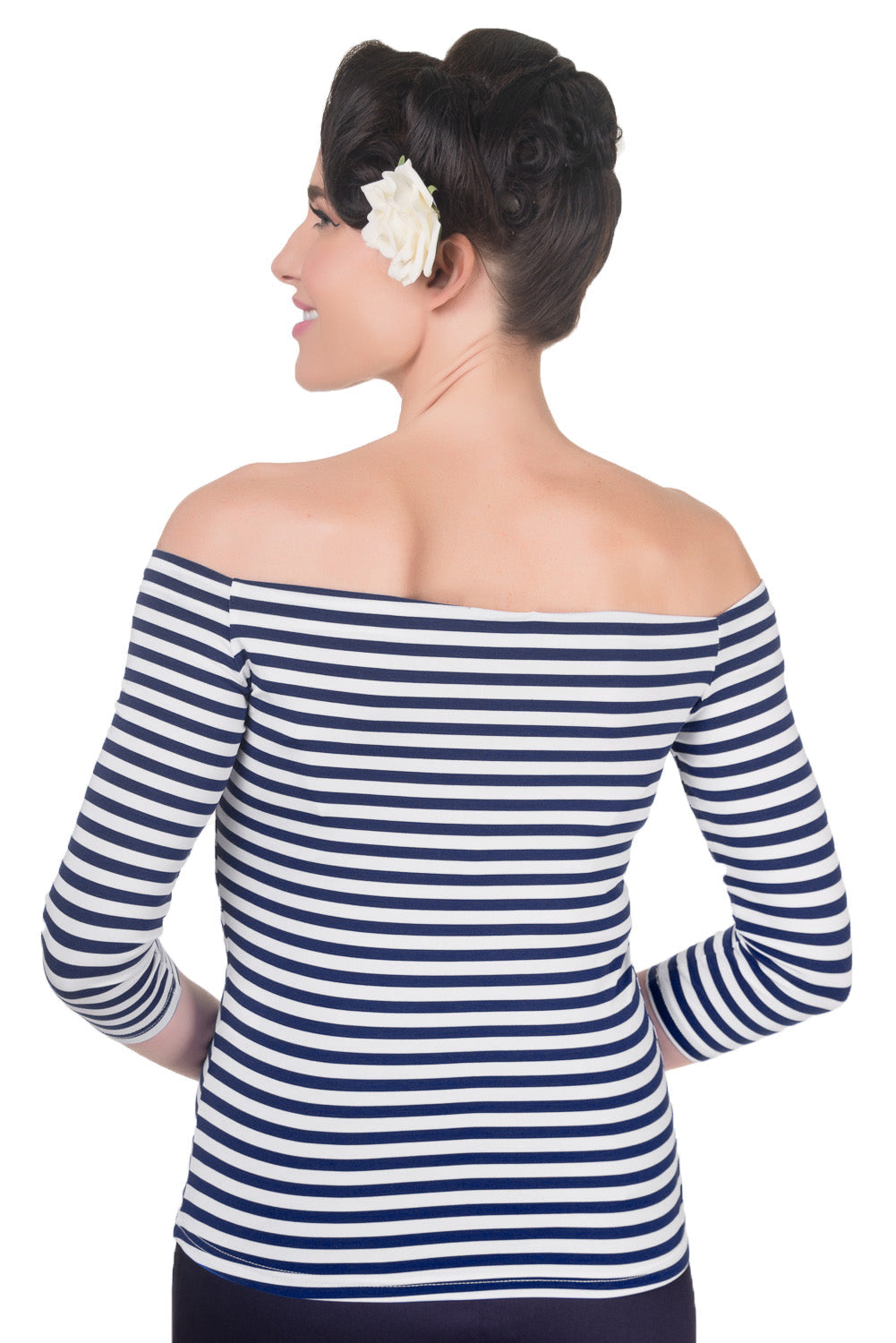 Off Shoulder Retro Striped Top in Navy Blue