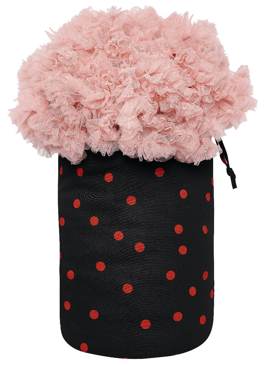 String Tie Bag in Black with Red Polka