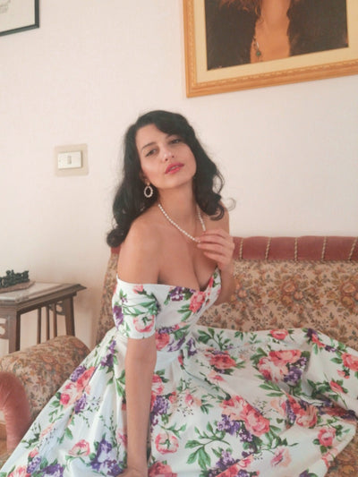 Lily Off Shoulder Swing Dress in White Floral