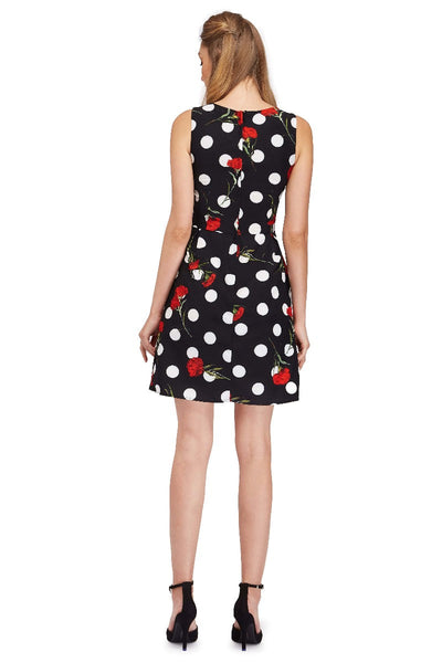 Polka Dot with Red Carnation Print Dress with Pockets
