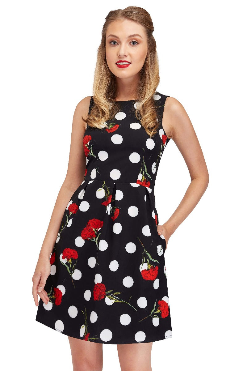 Polka Dot with Red Carnation Print Dress with Pockets

