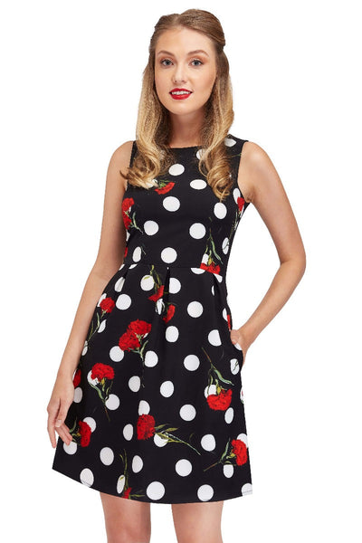 Polka Dot with Red Carnation Print Dress with Pockets

