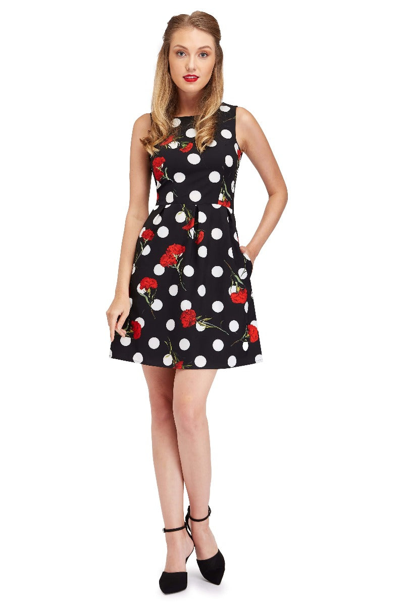 Polka Dot with Red Carnation Print Dress with Pockets
