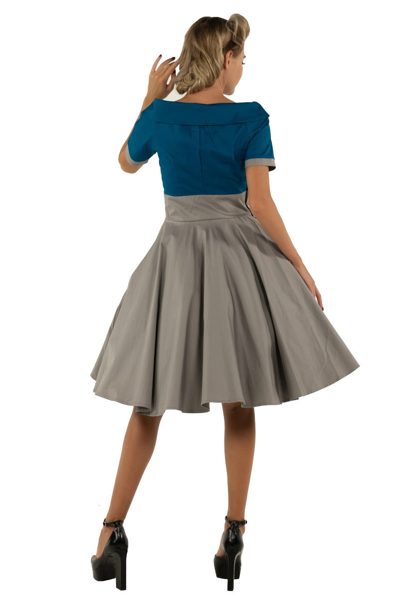 Vintage-inspired Blue and Grey Swing dress with pockets and sleeves
