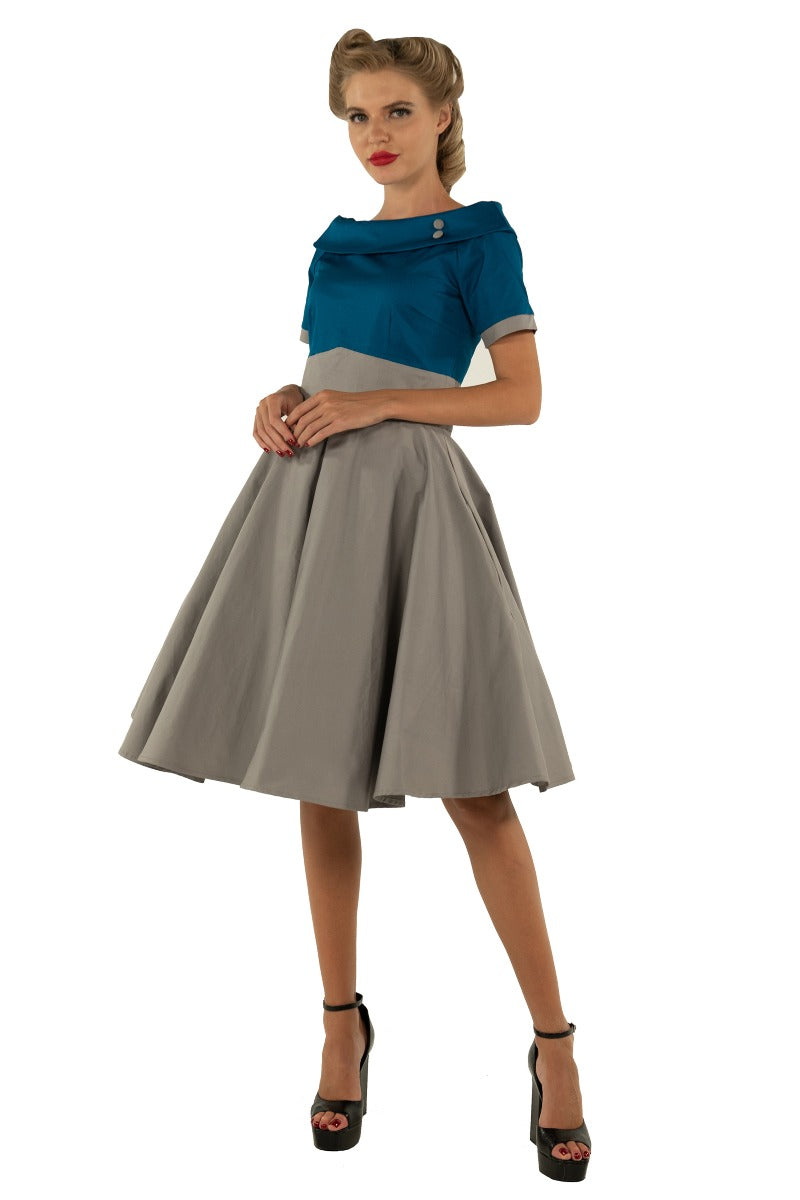 Vintage-inspired Blue and Grey Swing dress with pockets and sleeves

