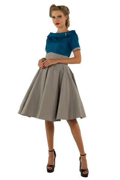 Vintage-inspired Blue and Grey Swing dress with pockets and sleeves

