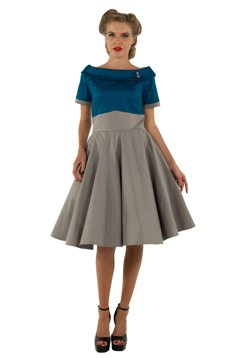 Vintage-inspired Blue and Grey Swing dress with pockets and sleeves
