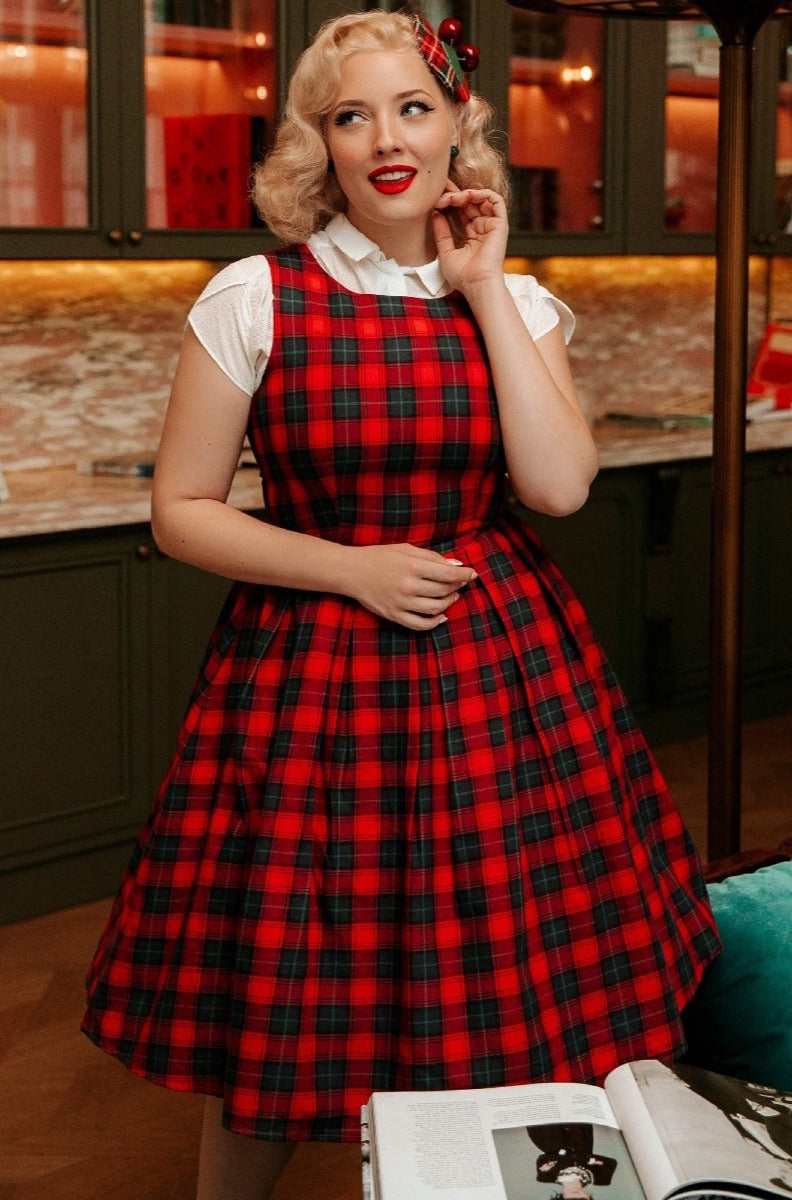 Retro Check Swing Dress in Red/Blue