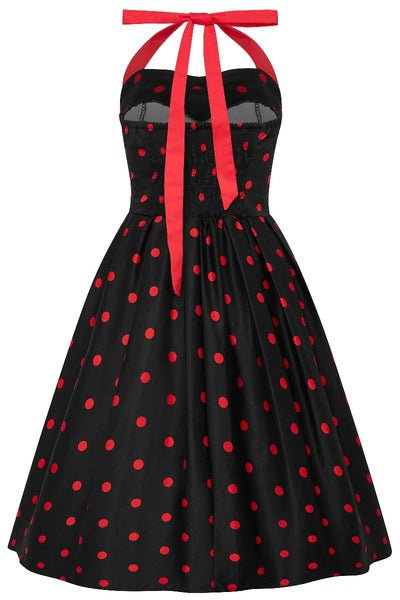 Vintage-Inspired Haltered Neck Swing Dress in Black and Red 1.7cm Polka Dots with Pockets
