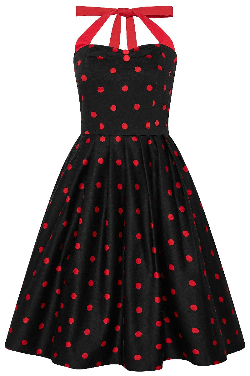 Vintage-Inspired Haltered Neck Swing Dress in Black and Red 1.7cm Polka Dots with Pockets
