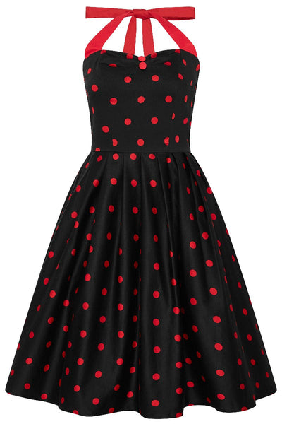 Vintage-Inspired Haltered Neck Swing Dress in Black and Red 1.7cm Polka Dots with Pockets
