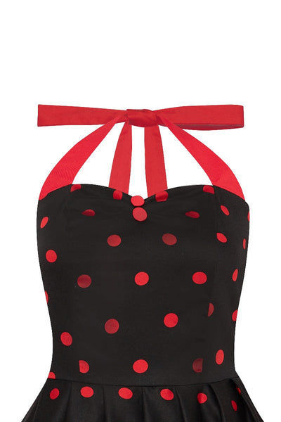 Vintage-Inspired Haltered Neck Swing Dress in Black and Red 1.7cm Polka Dots with Pockets
