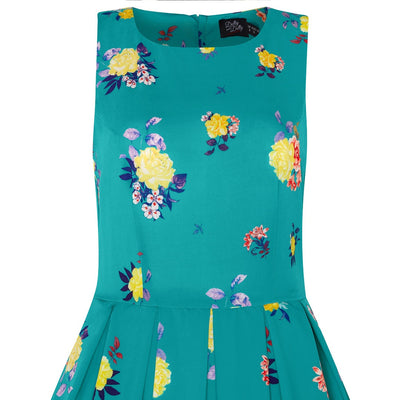 Annie Retro Raising Flowers Swing Dress in Turquoise