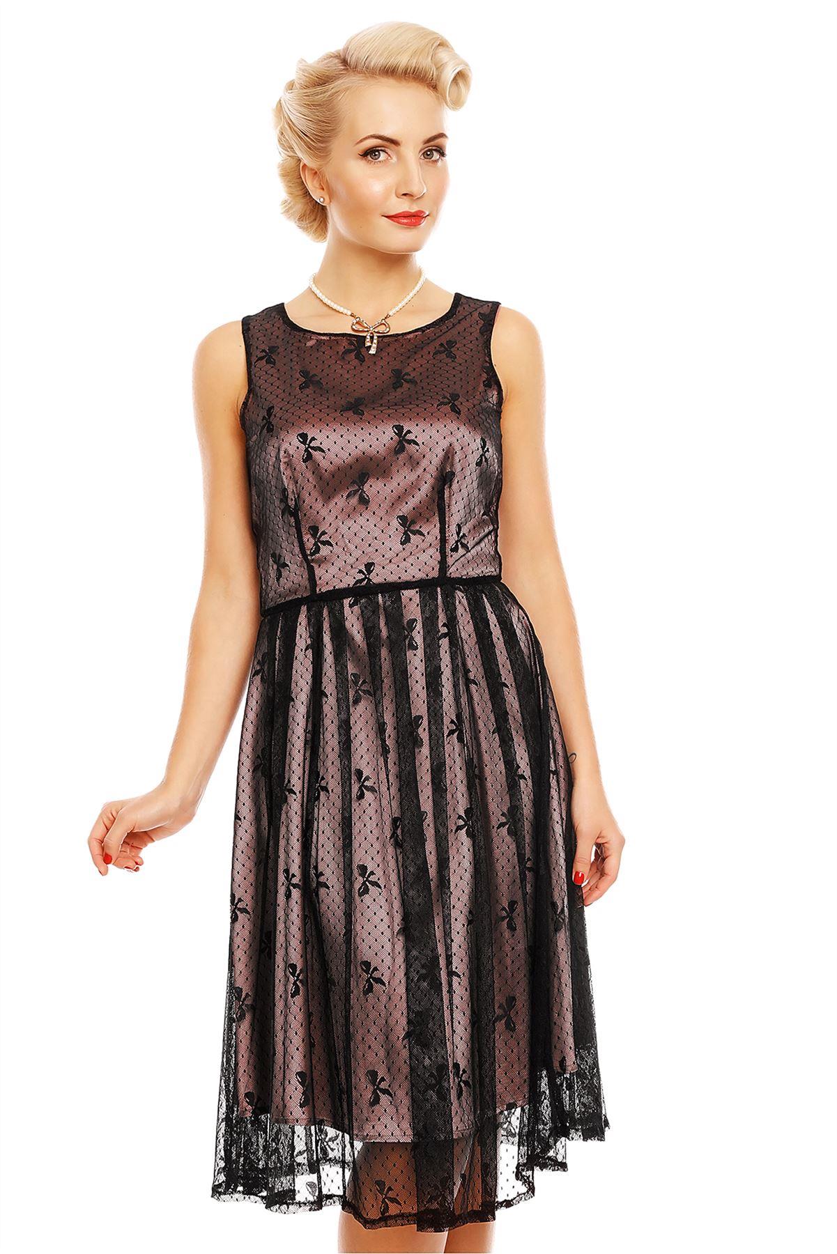 Retro Lace Bow Print Swing Dress in Pink-Black