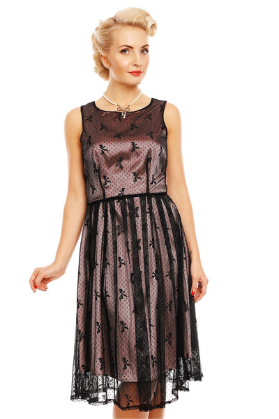 Retro Lace Bow Print Swing Dress in Pink-Black