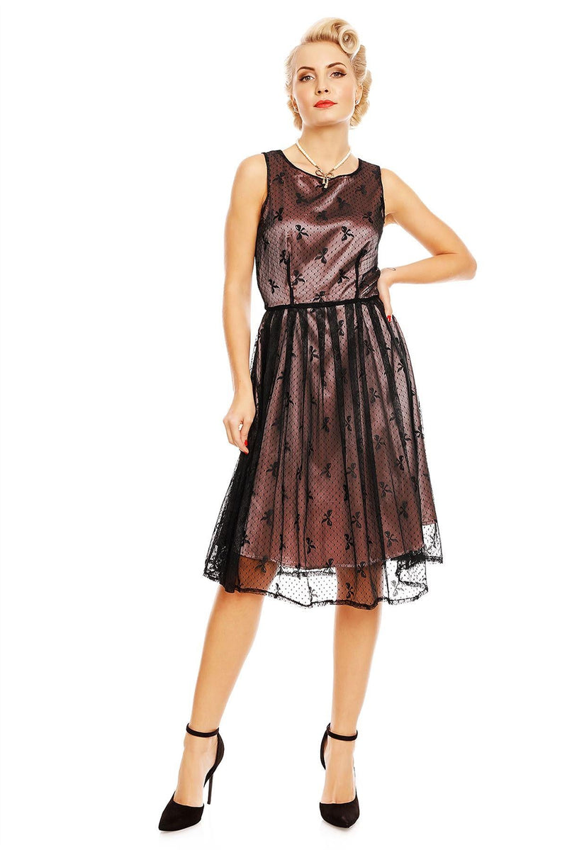Retro Lace Bow Print Swing Dress in Pink-Black