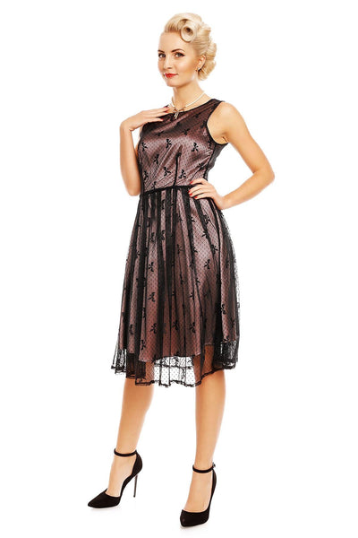Retro Lace Bow Print Swing Dress in Pink-Black