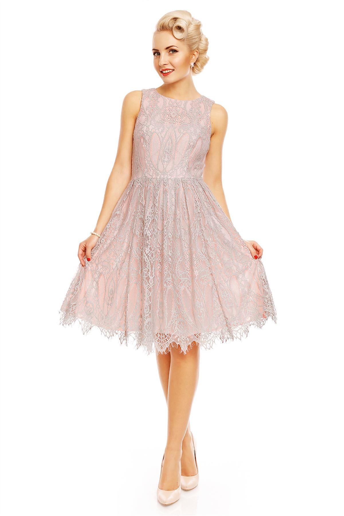 Retro Lace Floral Swing Dress in Pink-Grey