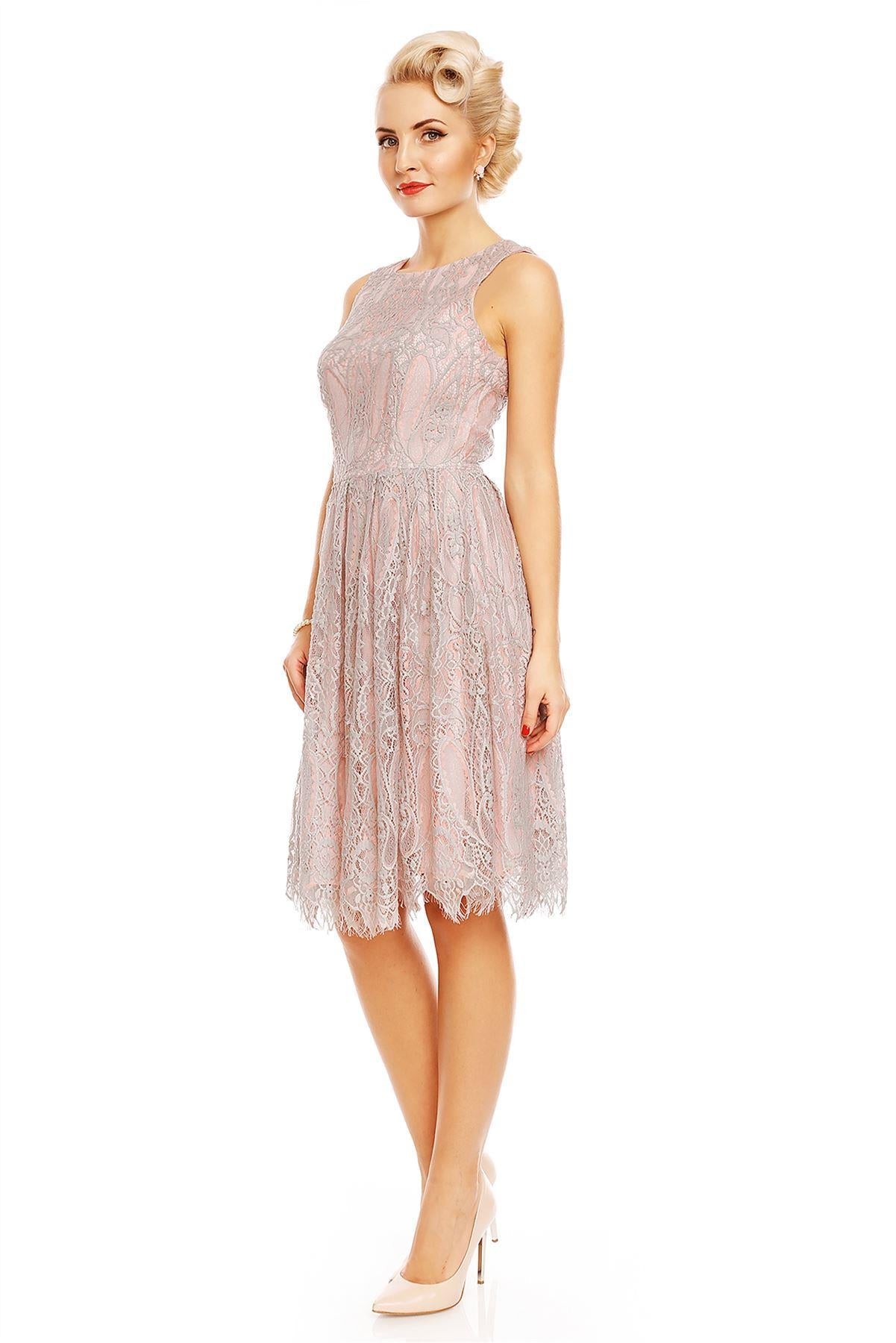 Retro Lace Floral Swing Dress in Pink-Grey