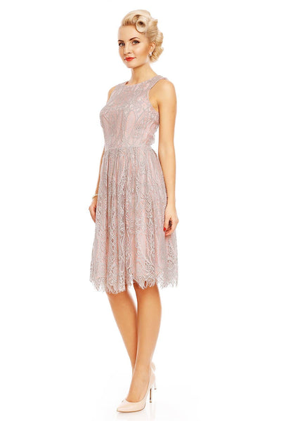 Retro Lace Floral Swing Dress in Pink-Grey