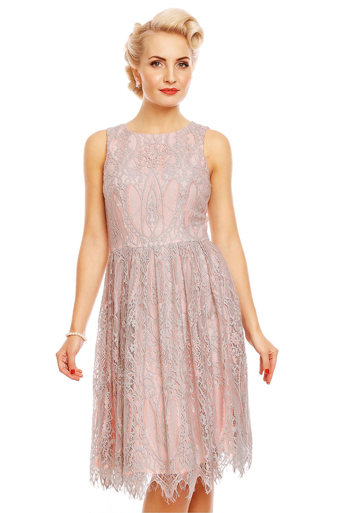 Retro Lace Floral Swing Dress in Pink-Grey