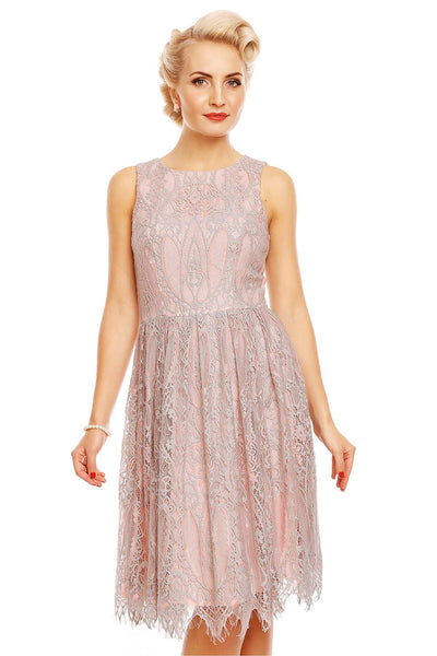 Retro Lace Floral Swing Dress in Pink-Grey