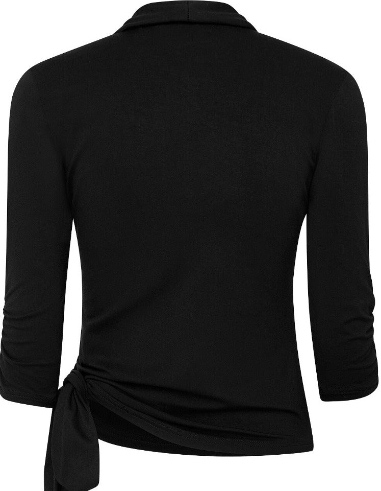 Retro Long Sleeved Wrap-Around Top in Black
