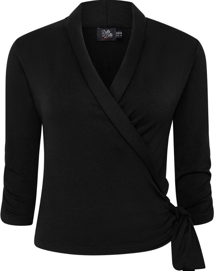 Retro Long Sleeved Wrap-Around Top in Black
