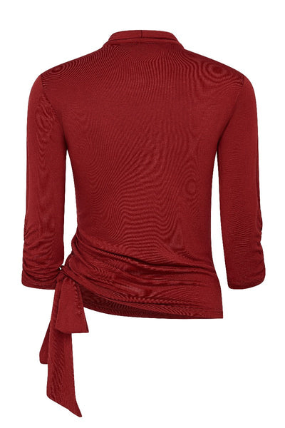 Retro Long Sleeved Wrap-Around Top in Burgundy

