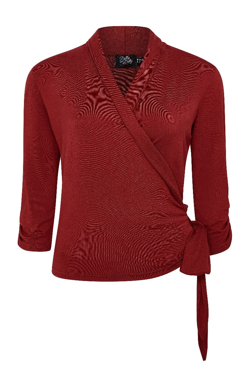 Retro Long Sleeved Wrap-Around Top in Burgundy
