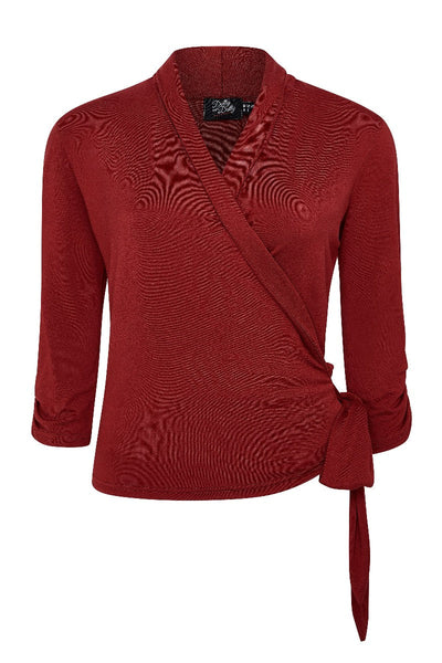 Retro Long Sleeved Wrap-Around Top in Burgundy

